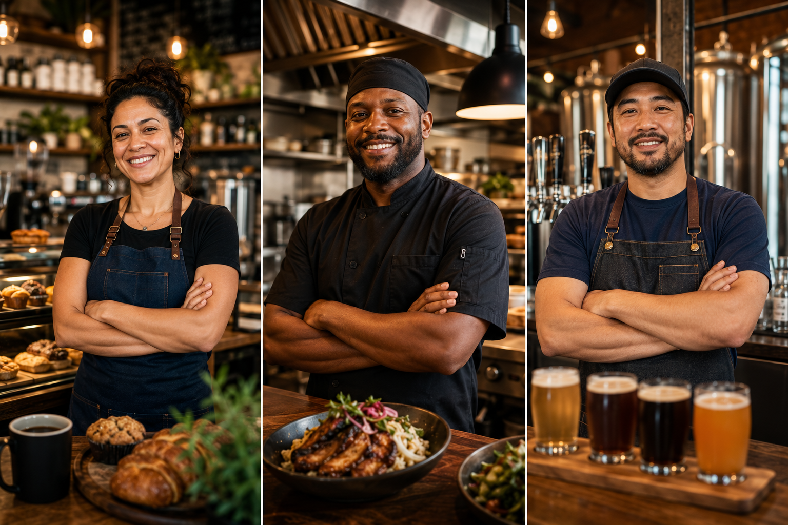 Verified independent business owners — a baker, a chef, and a brewer