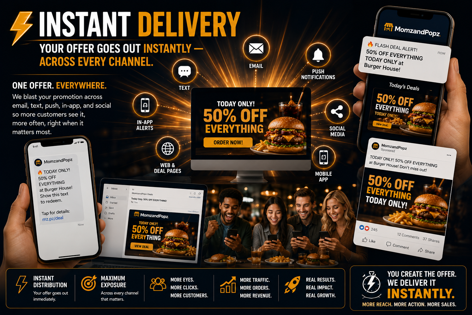 Instant Delivery — your offer goes out instantly across email, text, push, in-app, web, and social channels