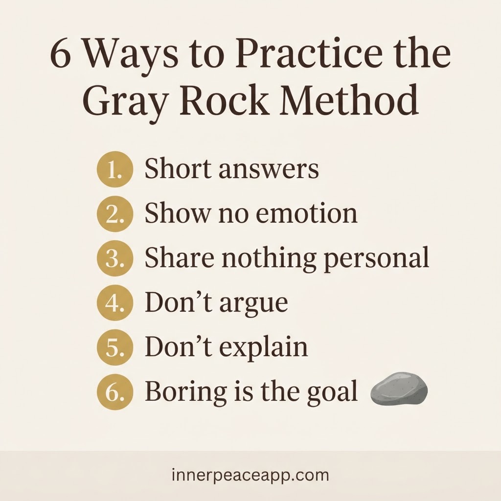 Pinterest pin, cream background with a gray stone illustration, gold numbered list of 6 gray rock method techniques.