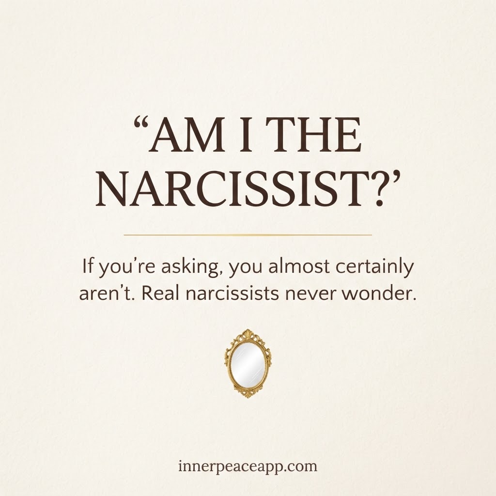 Pinterest pin, cream background with a gold mirror illustration, about asking 'am I the narcissist?'