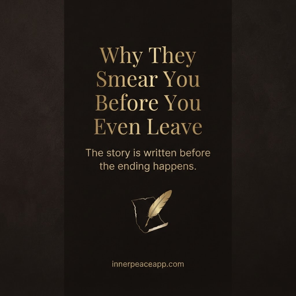 Dark Pinterest pin with a gold quill and torn paper illustration, about narcissists smearing you before you leave.