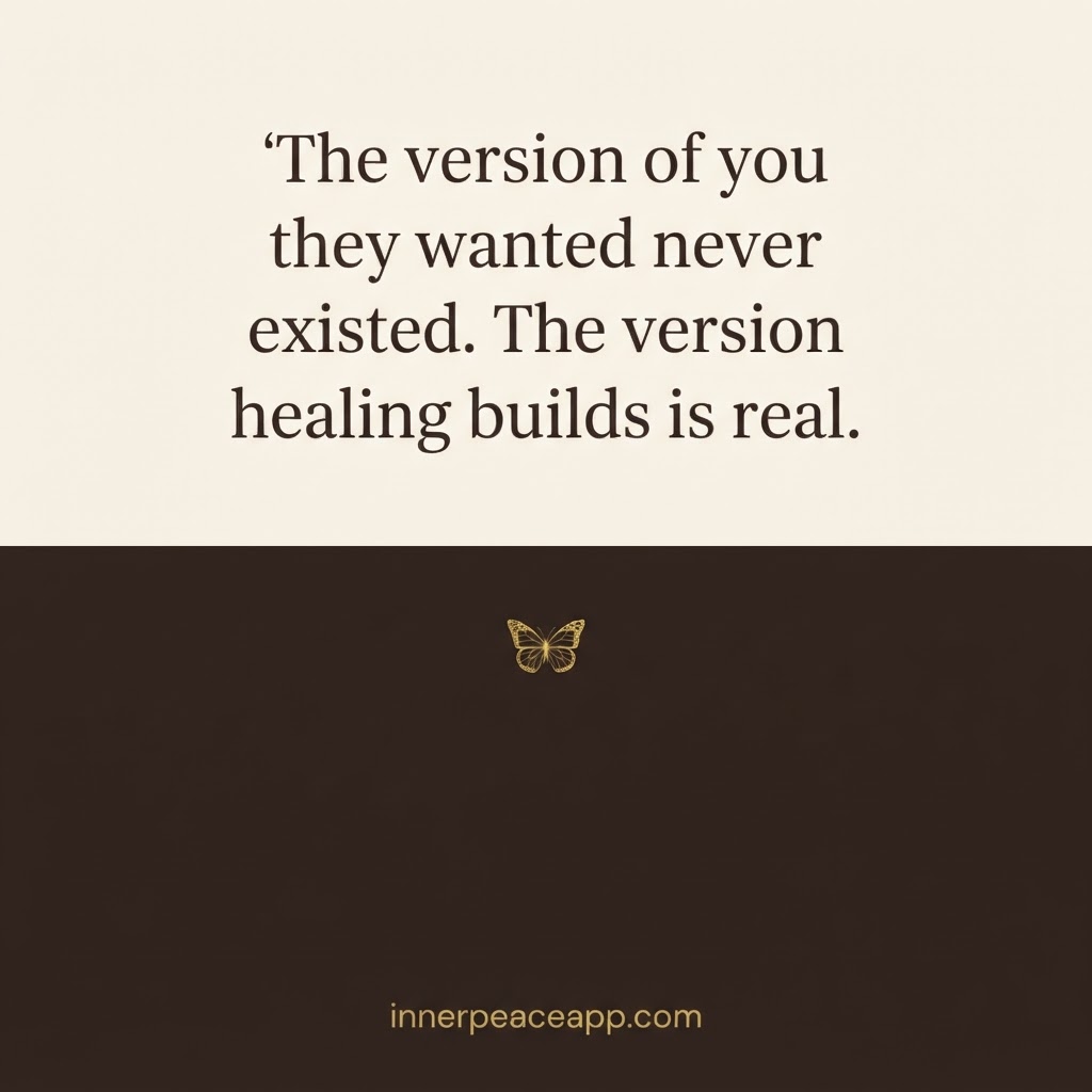 Split Pinterest pin, cream top and dark bottom halves, quote about the version of you they wanted never existing.
