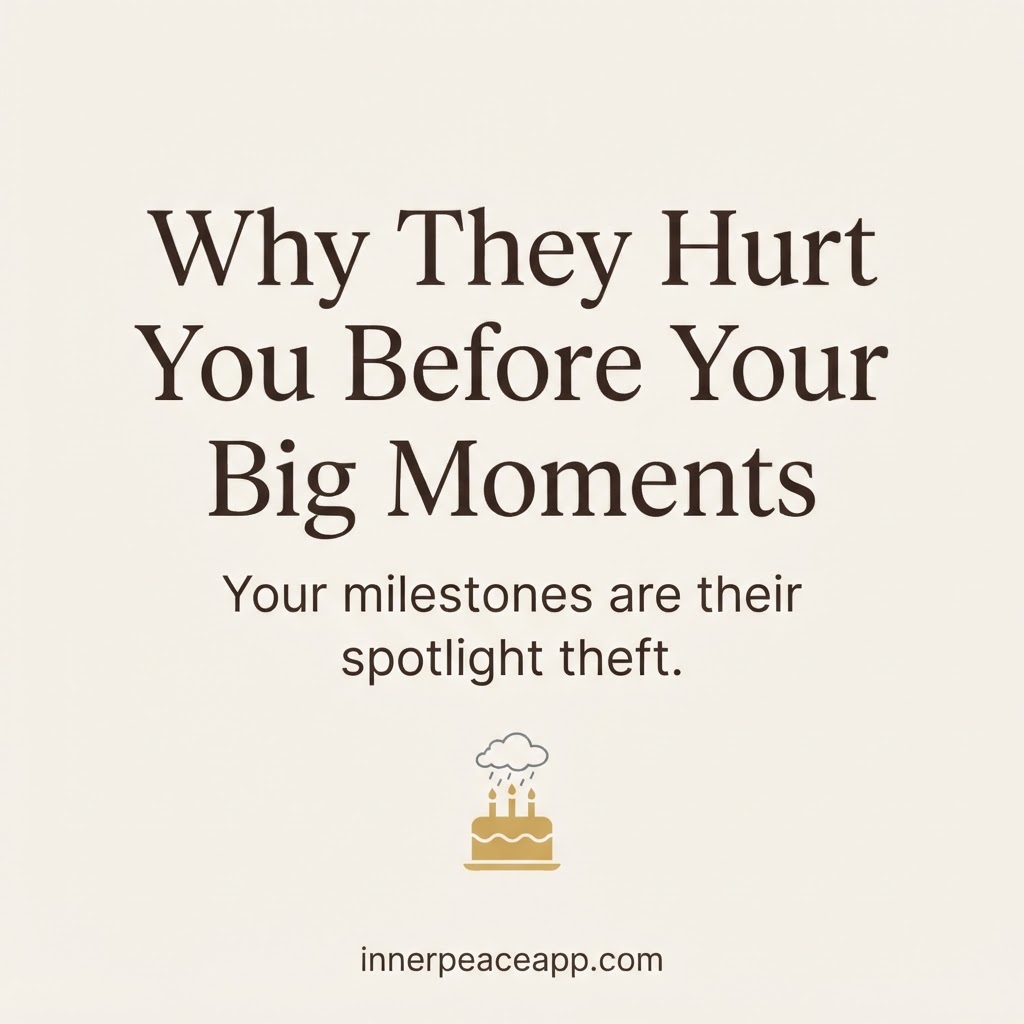 Pinterest pin, cream background with a gold celebration cake and rain cloud illustration, about narcissists hurting you before big moments.