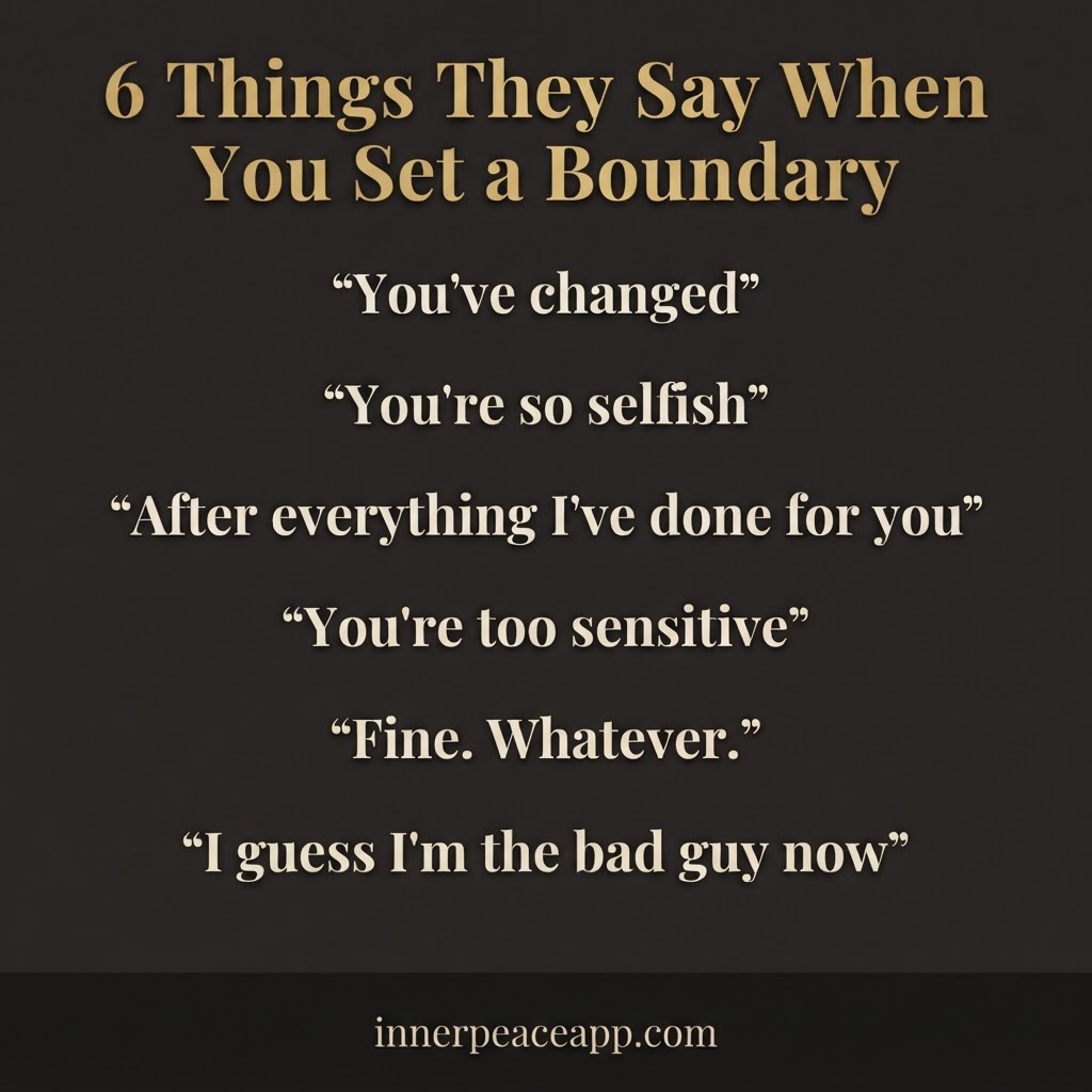 Dark Pinterest pin with gold quote bubbles listing 6 things a narcissist says when you set a boundary.