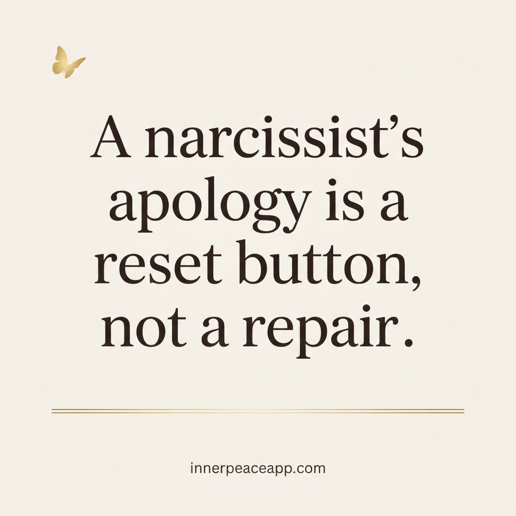 Pinterest pin with a cream background and gold butterfly, quote about a narcissist's apology being a reset button, not a repair.