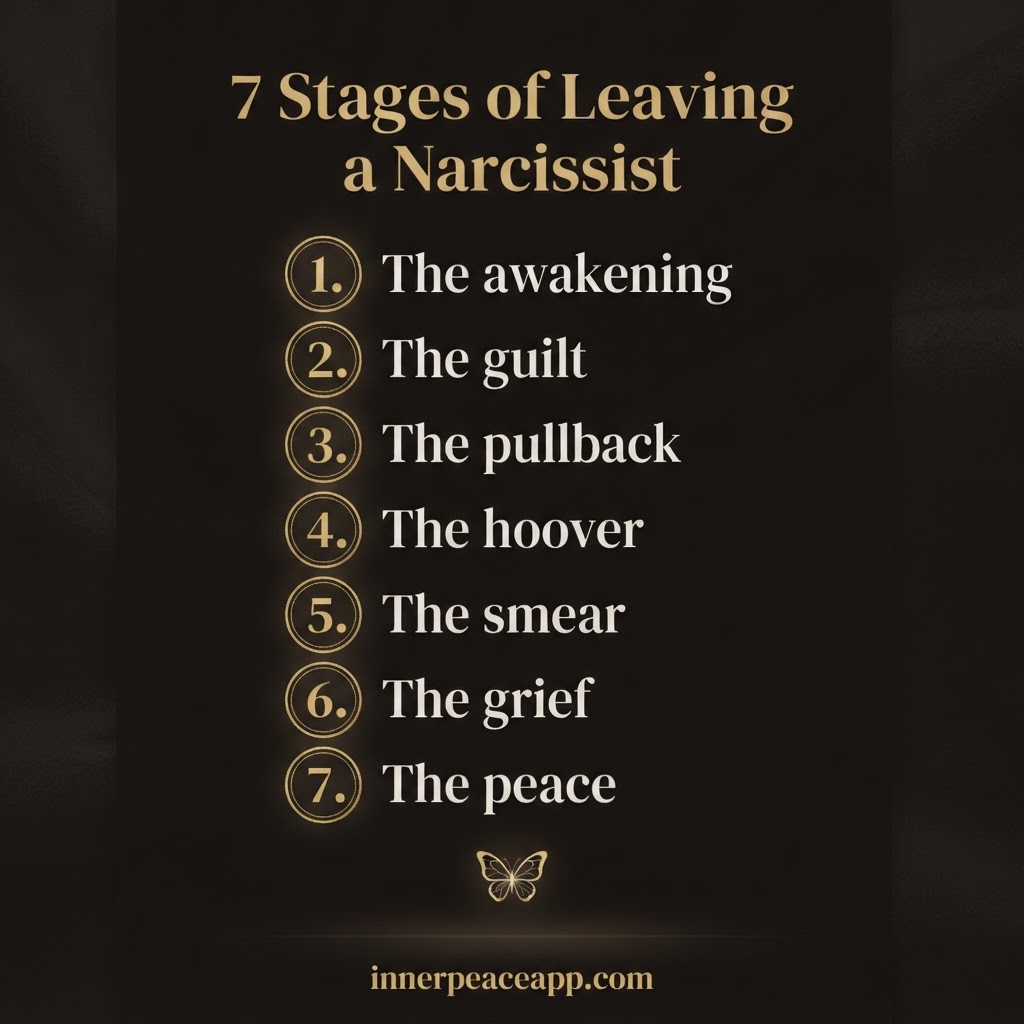 Dark luxury Pinterest pin, gold numbered list of the 7 stages of leaving a narcissist, butterfly at the end.