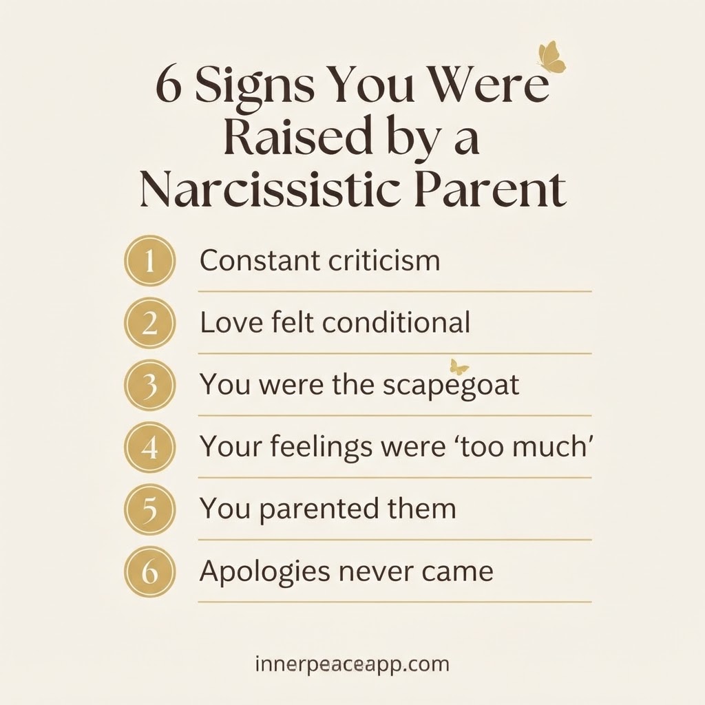 Pinterest pin, cream background, gold numbered list of 6 signs you were raised by a narcissistic parent.