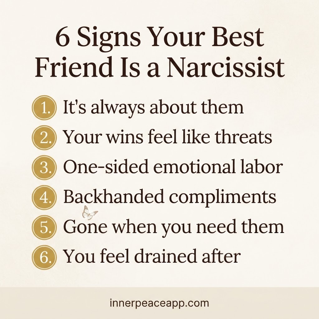 Pinterest pin, cream background with gold butterfly, gold numbered list of 6 signs your best friend is a narcissist.