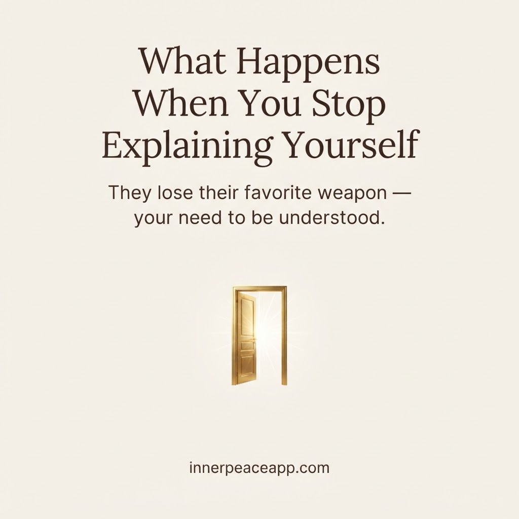 Pinterest pin, cream background with a gold open door and light illustration, about what happens when you stop explaining yourself.