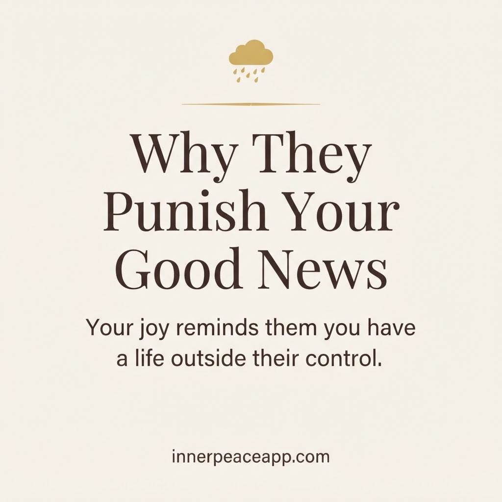 Pinterest pin, cream background with a small gold rain cloud over a celebration icon, about why narcissists punish your good news.