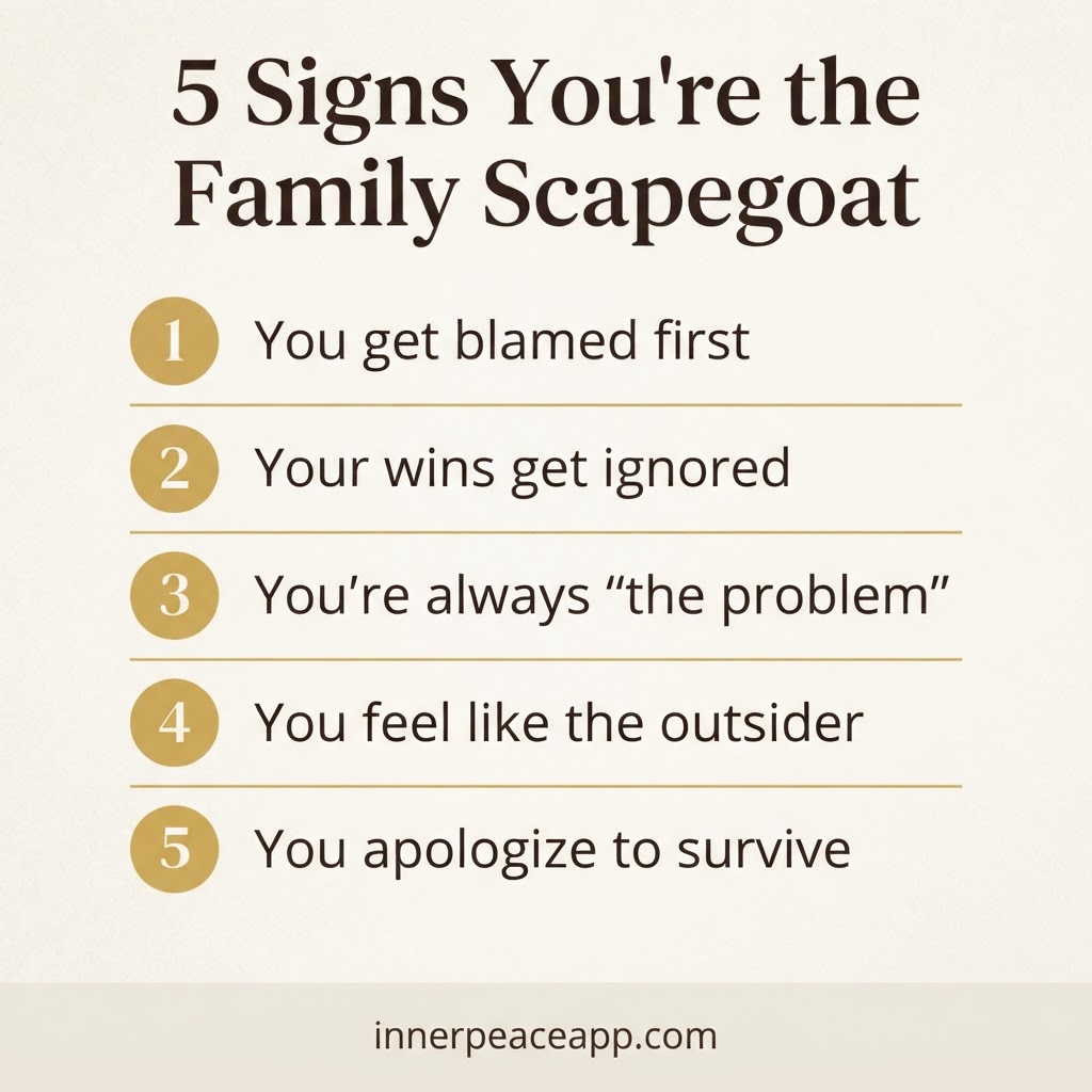 Pinterest pin, cream background, gold numbered list of 5 signs you're the family scapegoat.