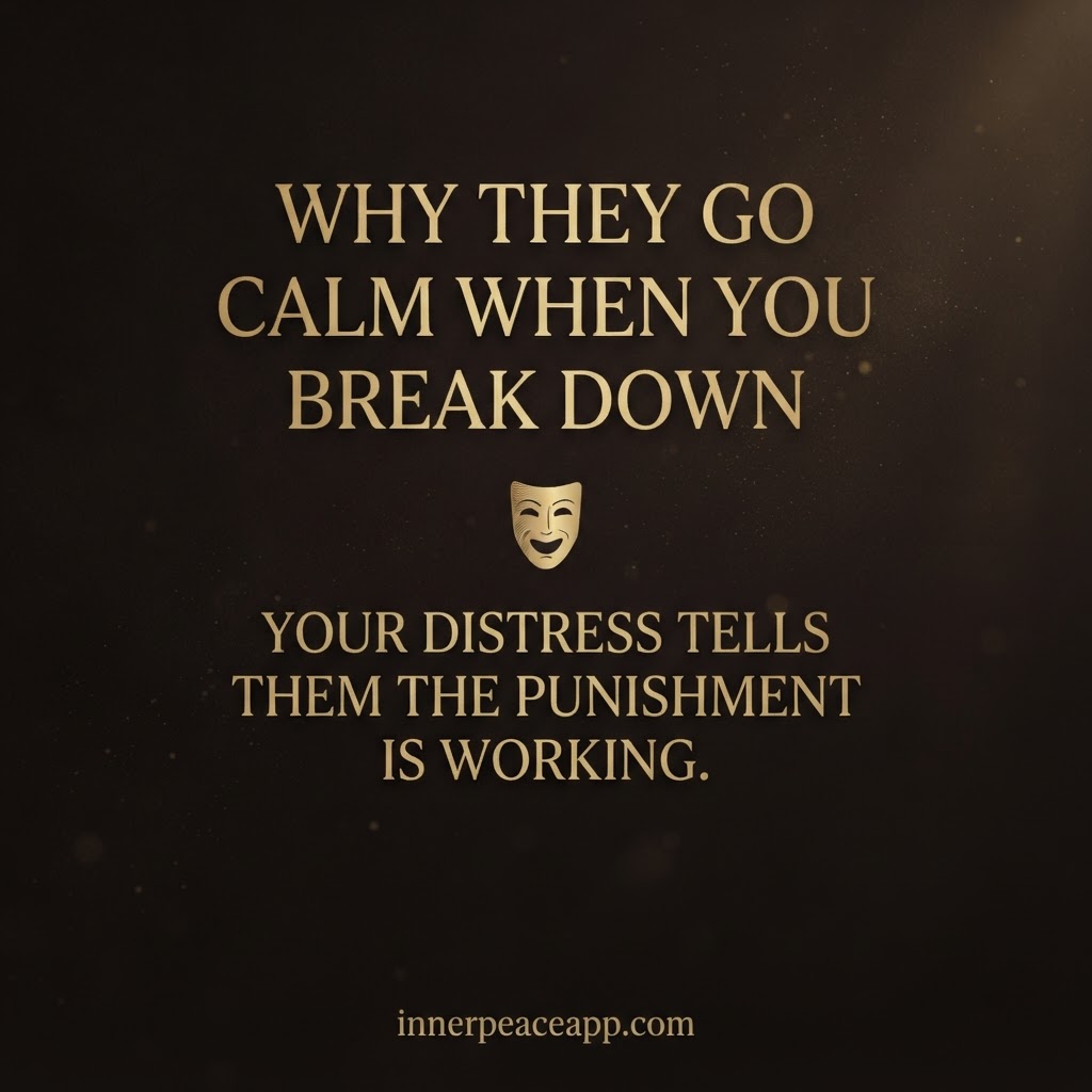 Dark luxury Pinterest pin with a gold mask illustration, about why narcissists go calm when you break down.