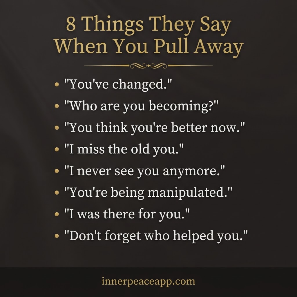 Dark Pinterest pin with gold quotes, listing 8 things a narcissist says when you pull away.