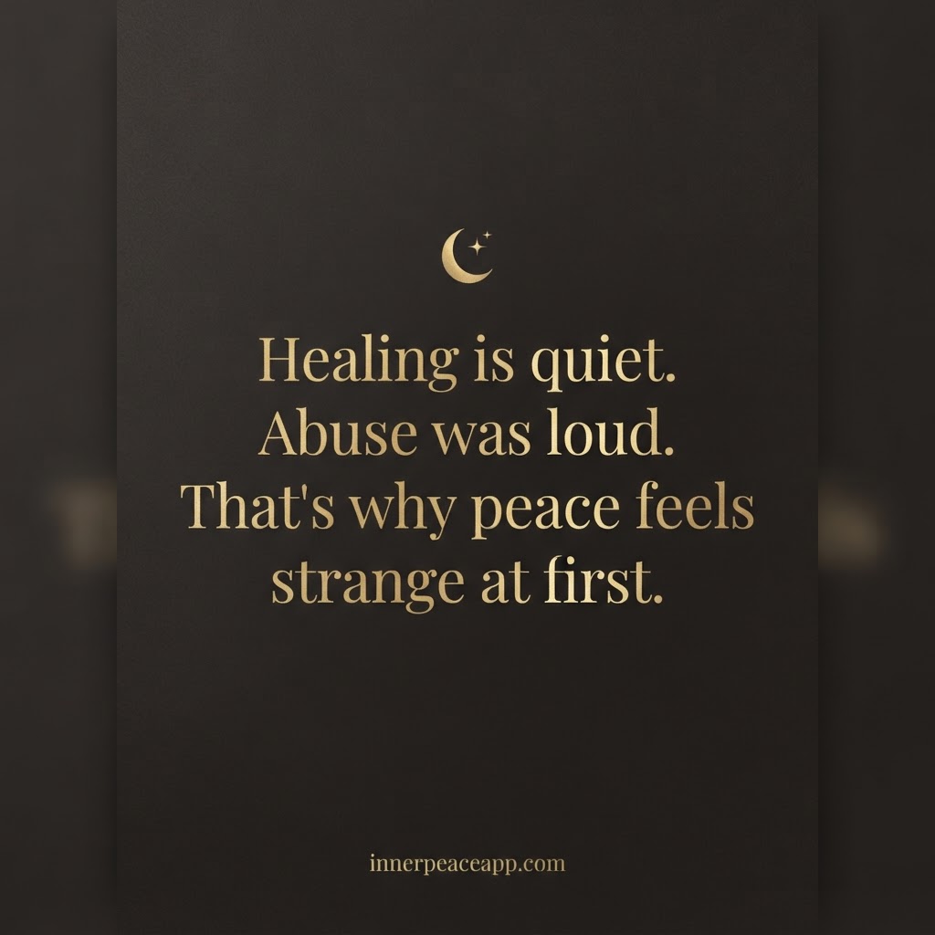 Dark Pinterest pin with gold moon accent, quote about healing being quiet and abuse being loud.
