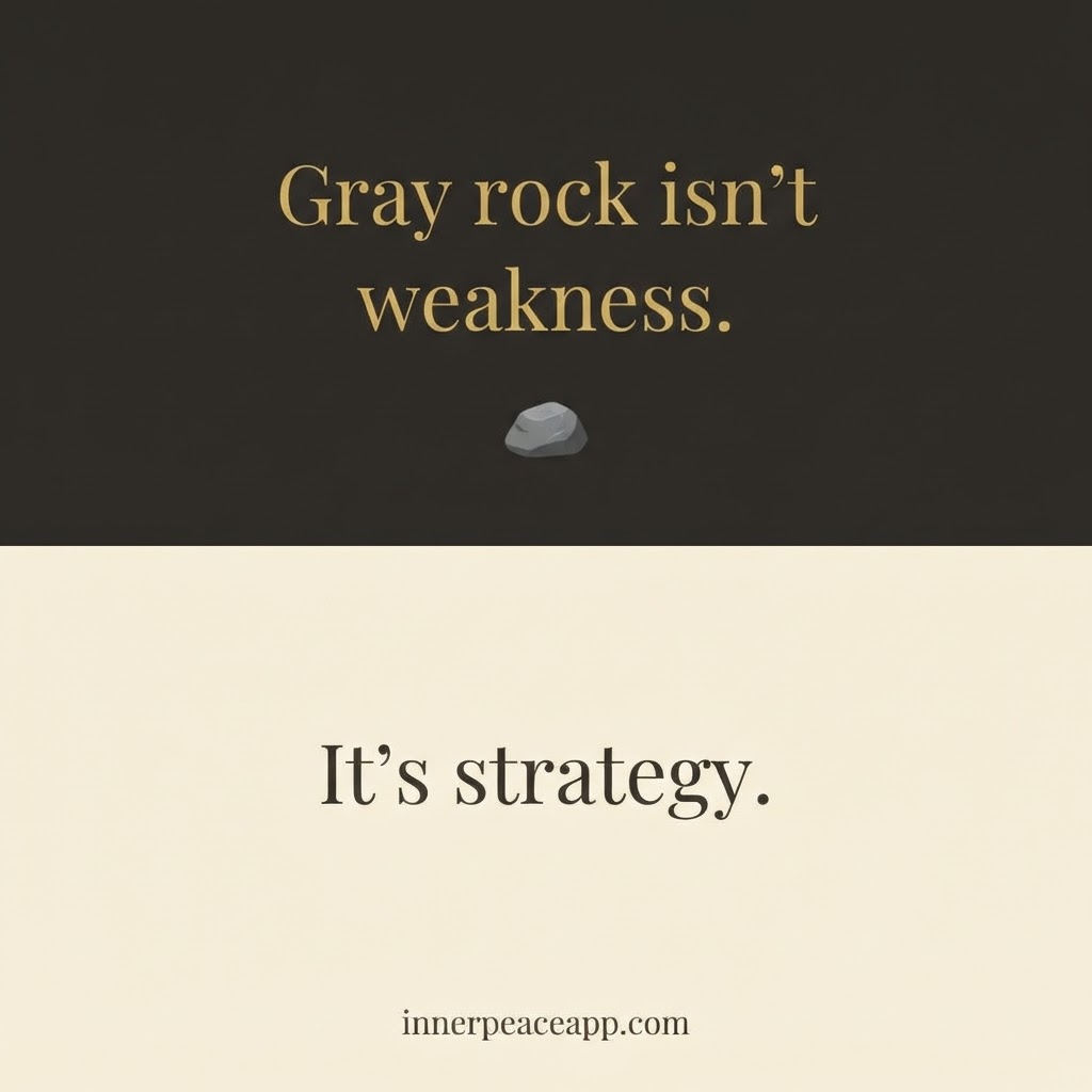 Split Pinterest pin, dark and cream halves, quote about gray rock method being strategy, small stone illustration.