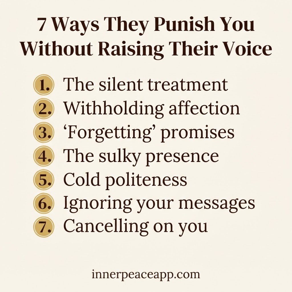 Pinterest pin, cream background, gold numbered list of 7 quiet ways a narcissist punishes you.