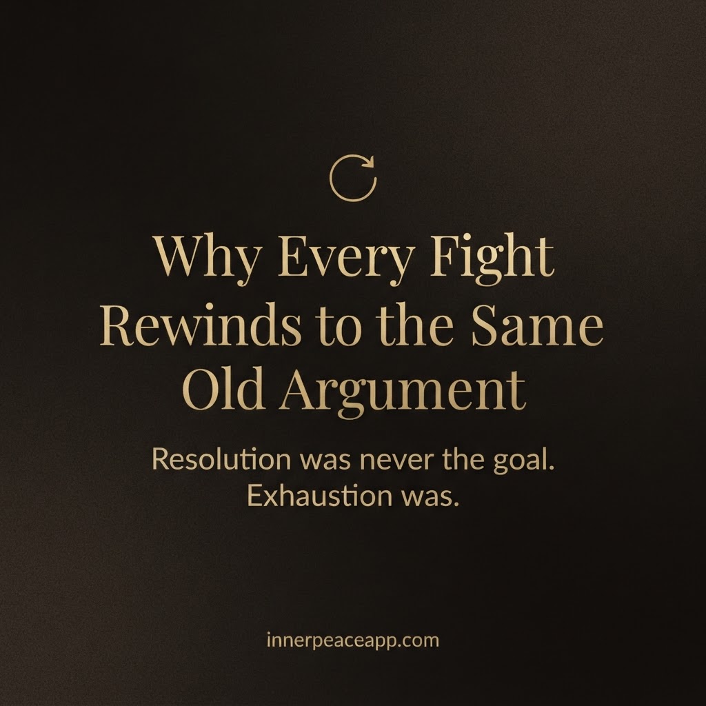 Dark Pinterest pin with gold rewind loop illustration, about narcissistic fights looping to old arguments.