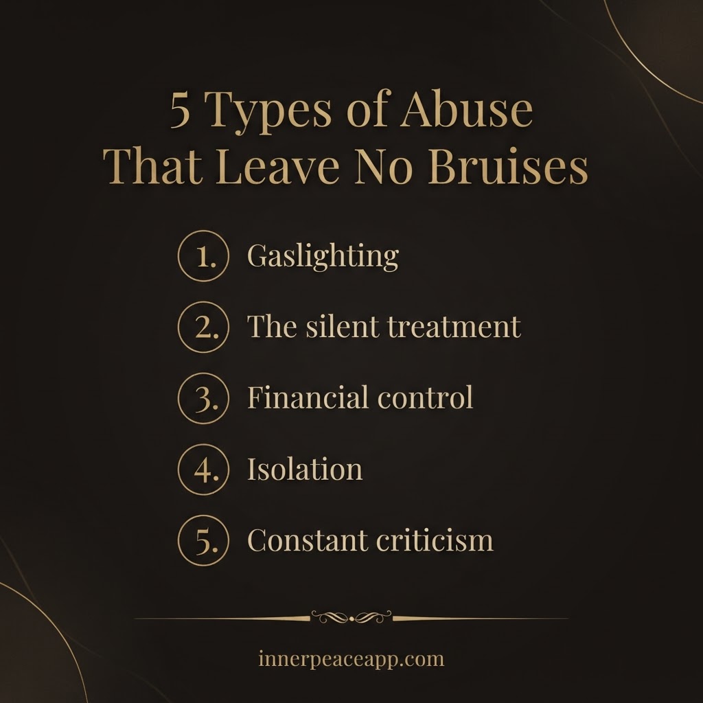 Dark luxury Pinterest pin, gold numbered list of 5 types of abuse that leave no bruises.