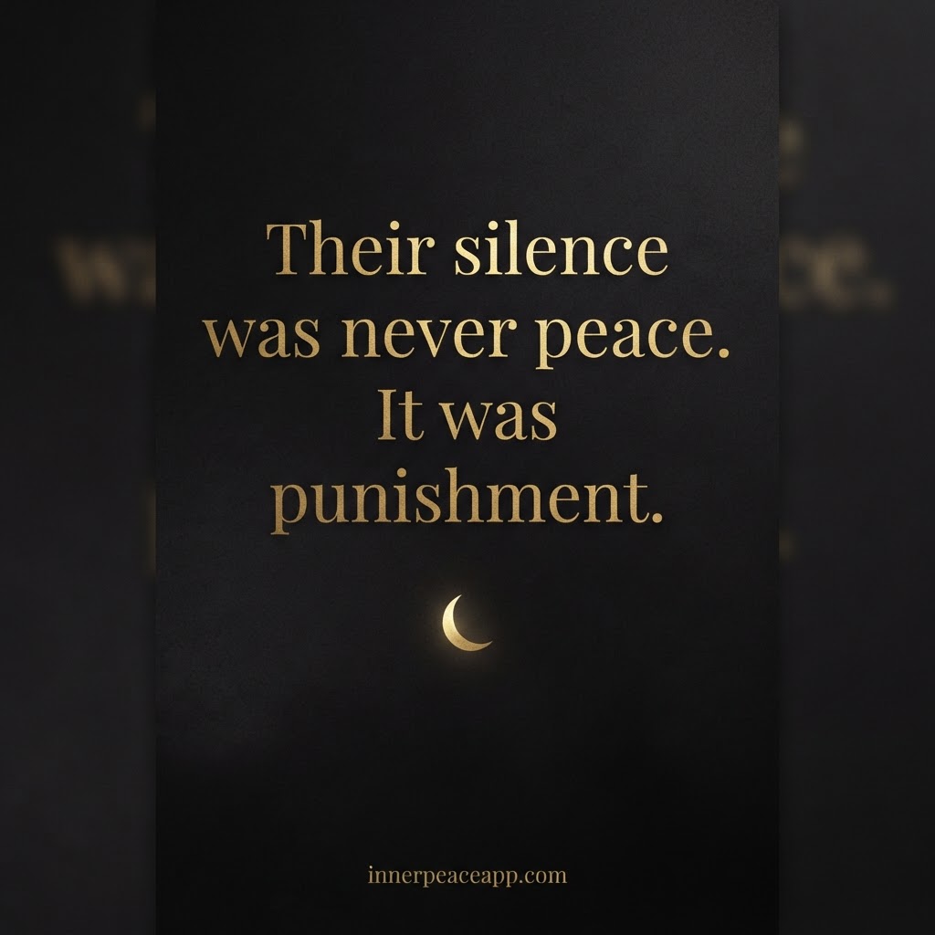 Dark Pinterest pin with gold text about silence being punishment, small gold moon accent.
