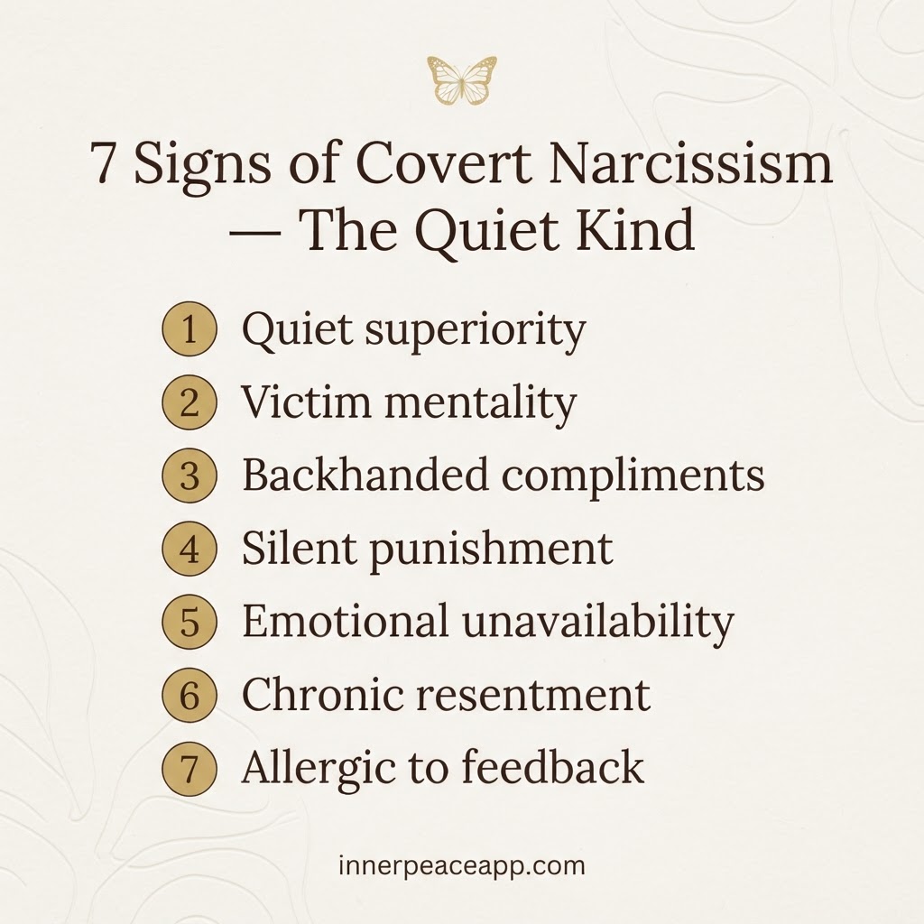 Pinterest pin, cream background with gold numbered list of 7 signs of covert narcissism.