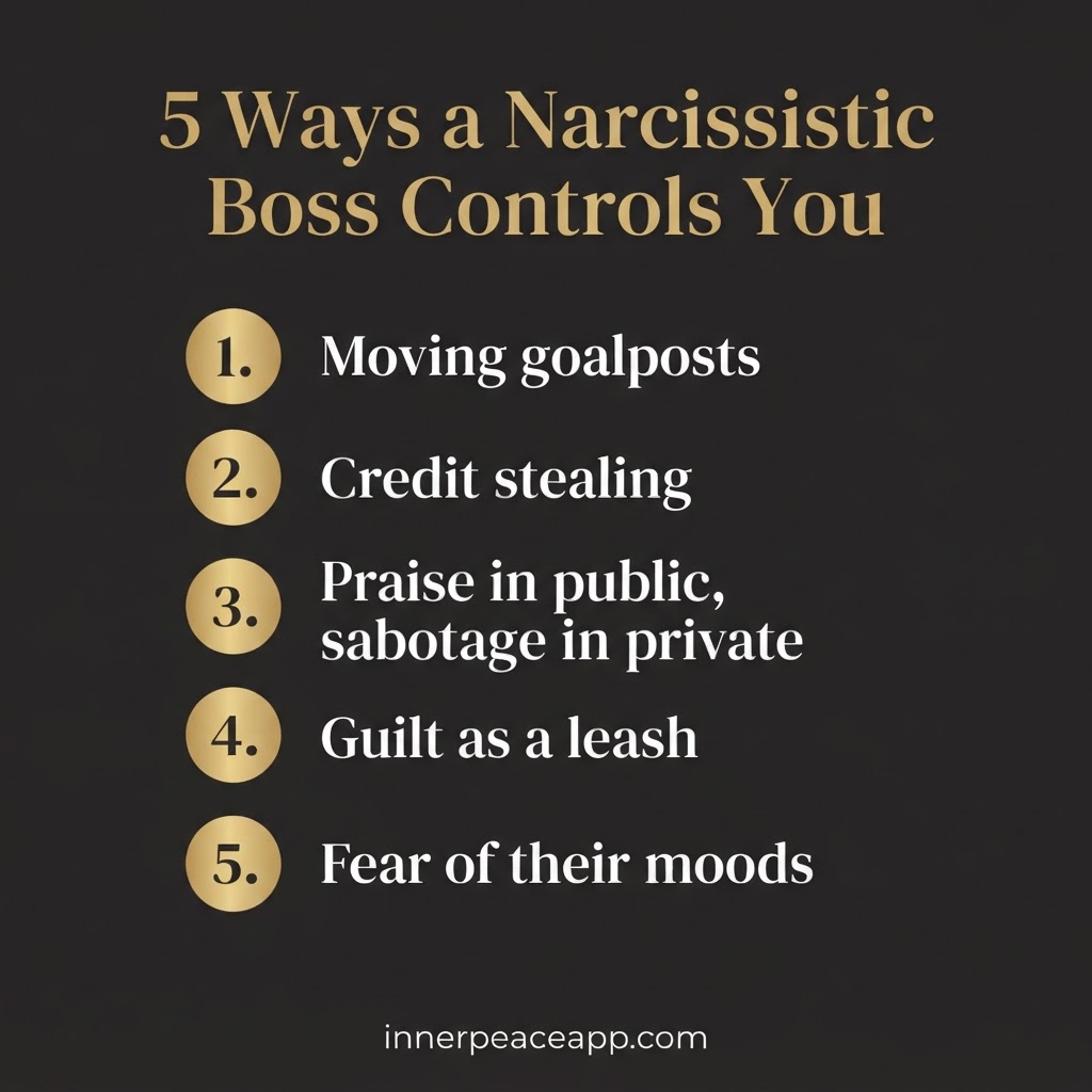 Dark luxury Pinterest pin, gold numbered list of 5 ways a narcissistic boss controls you.