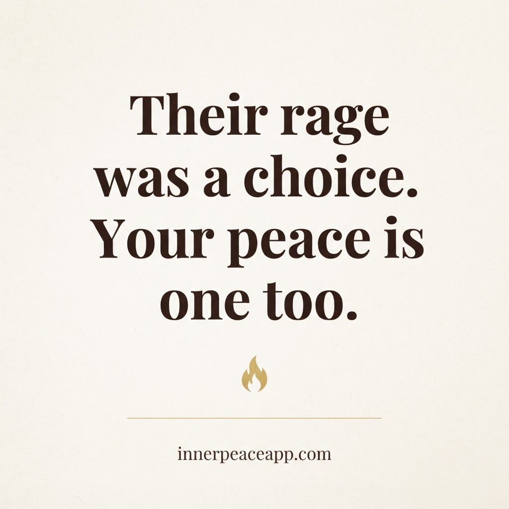 Cream Pinterest pin with gold flame accent, quote: their rage was a choice, your peace is one too.