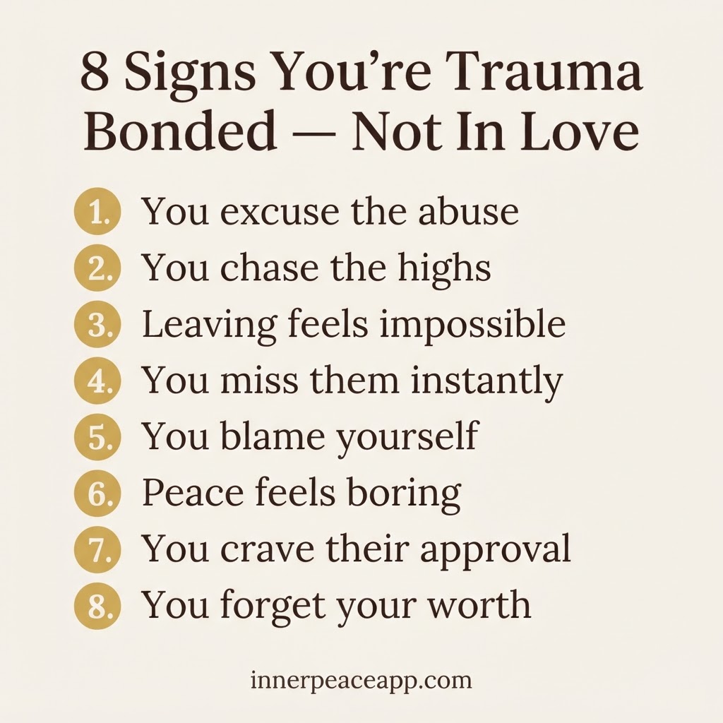 Pinterest pin, cream background, gold numbered list of 8 signs you're trauma bonded, not in love.