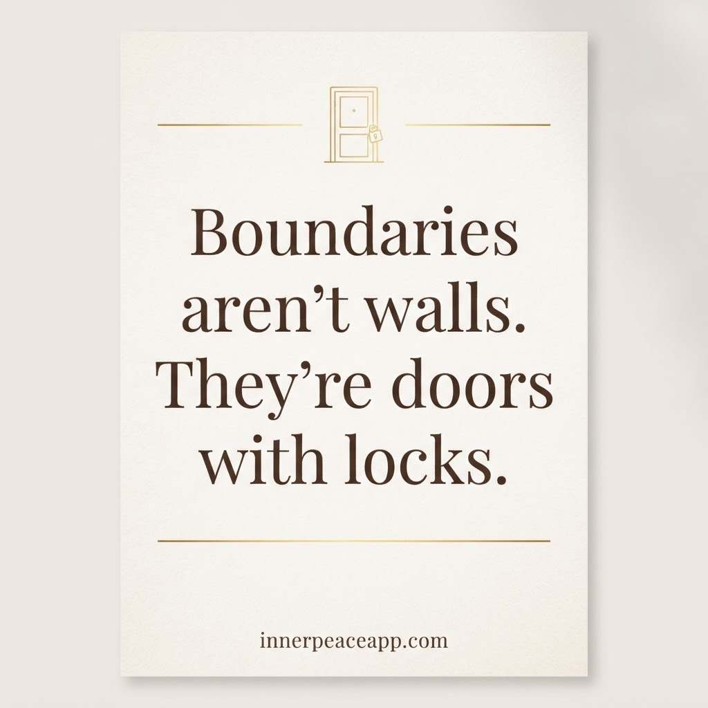 Pinterest pin with cream background, small gold door illustration, quote about boundaries being doors with locks.