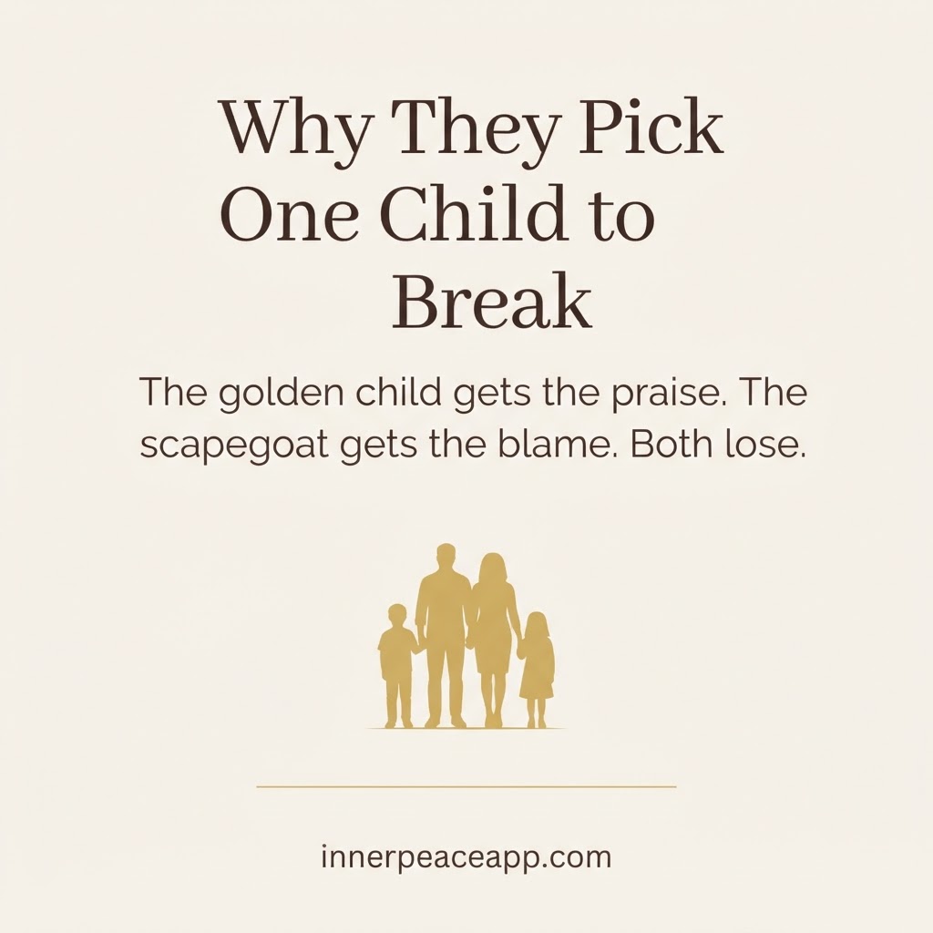 Pinterest pin, cream background with gold family silhouettes, about golden child and scapegoat roles in narcissistic families.