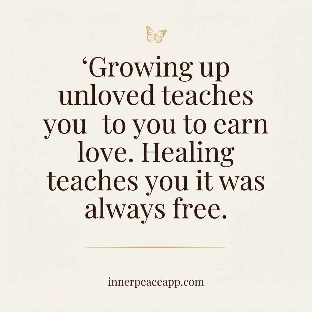 Pinterest pin, cream background with gold butterfly, quote about growing up unloved and earning love versus healing.