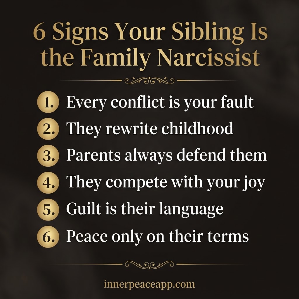Dark luxury Pinterest pin, gold numbered list of 6 signs your sibling is the family narcissist.