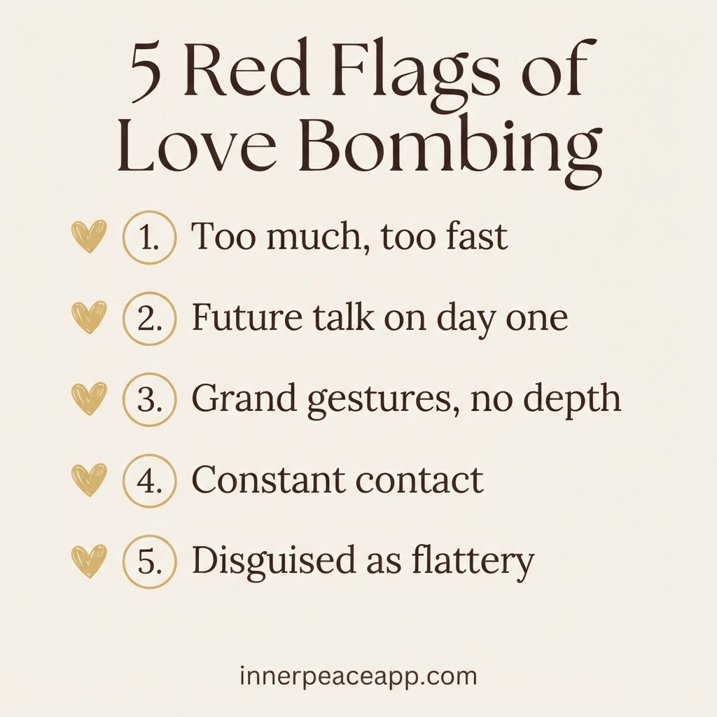 Pinterest pin, cream background with gold heart illustration, gold numbered list of 5 love bombing red flags.