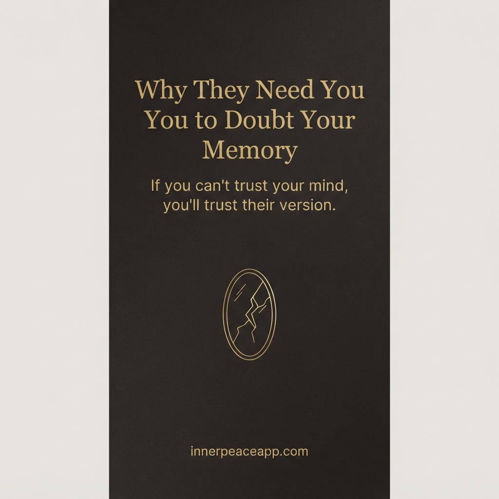 Dark Pinterest pin with a gold broken mirror illustration, about gaslighting and doubting your memory.