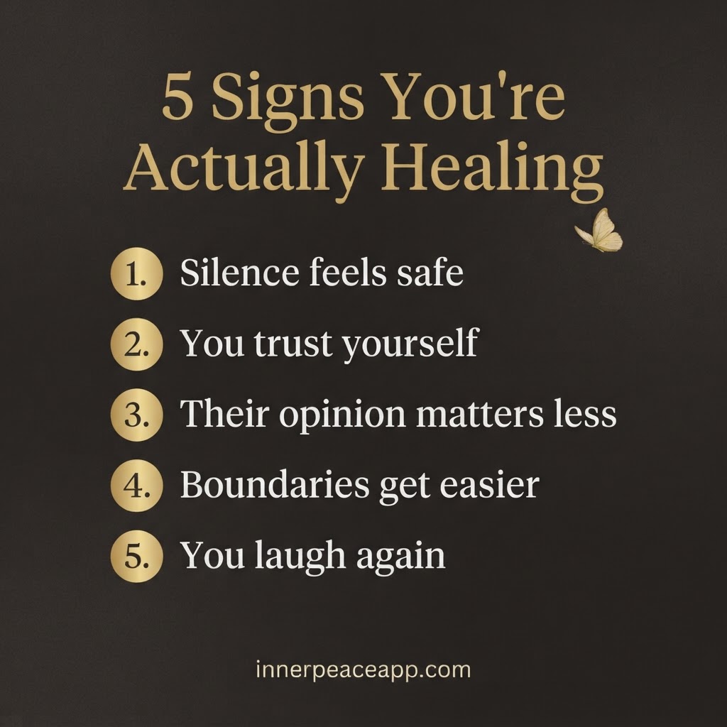Dark luxury Pinterest pin, gold numbered list of 5 signs you're healing from narcissistic abuse.