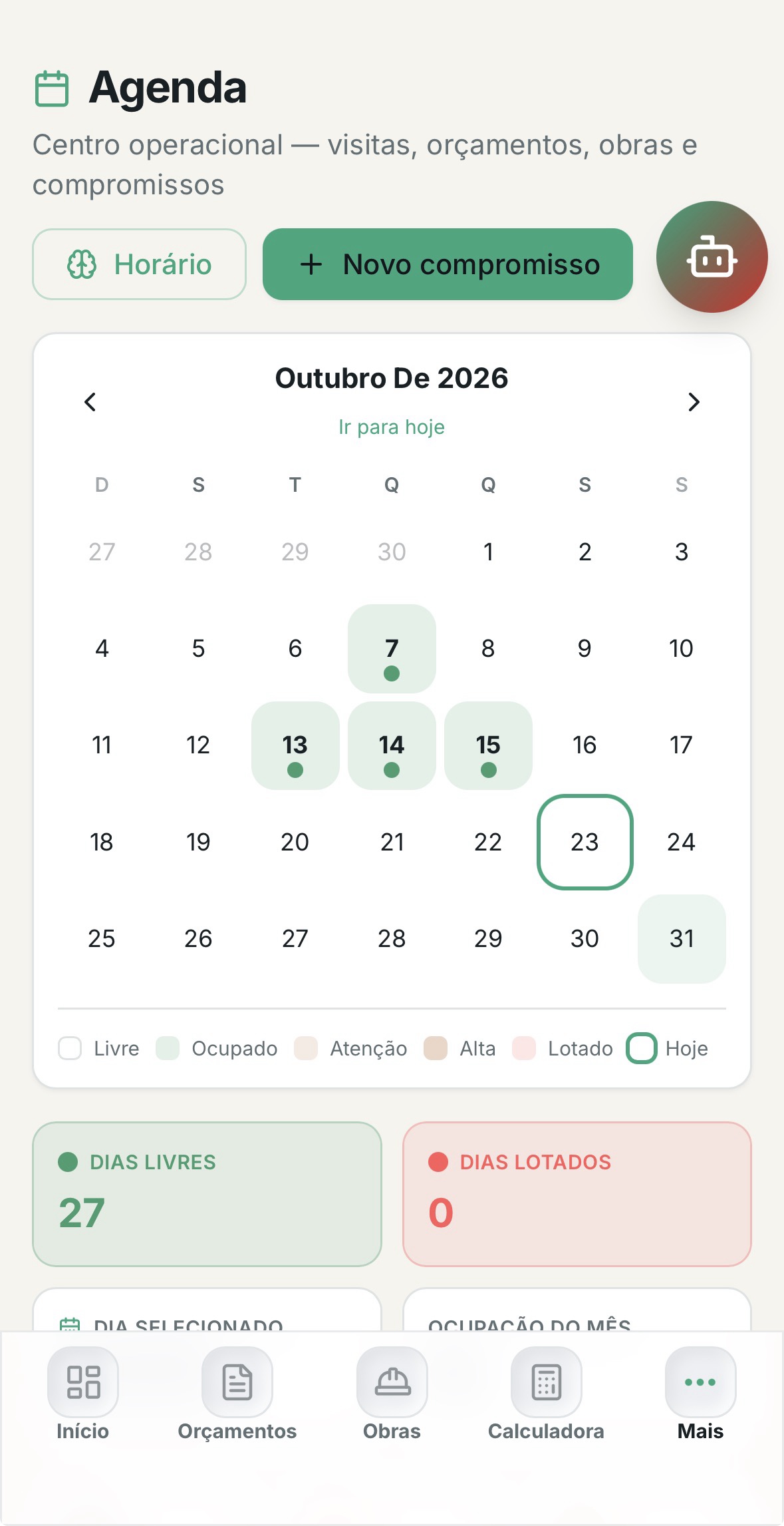 Tela de agenda com calendário do mês e compromissos