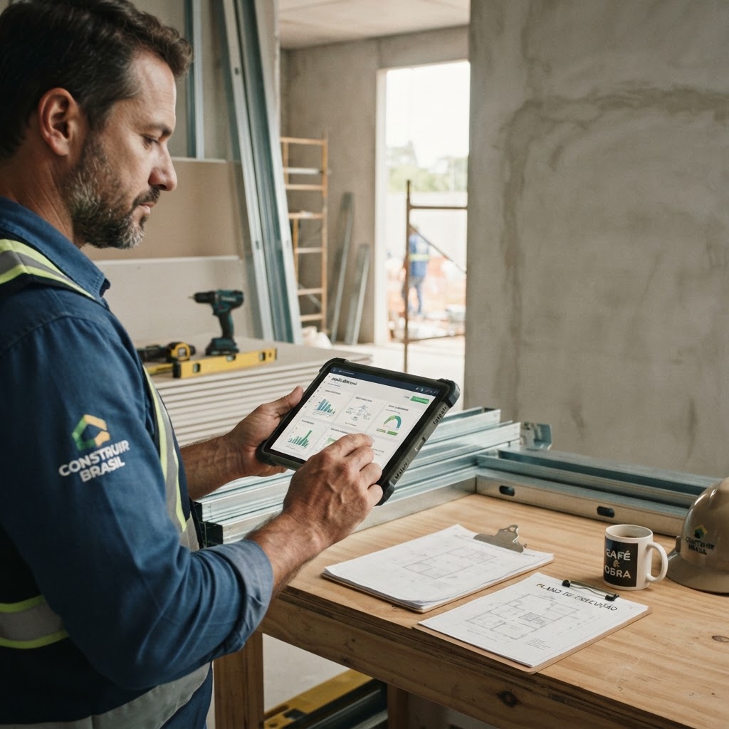 Profissional organizado com tablet em ambiente de obra limpo e controlado