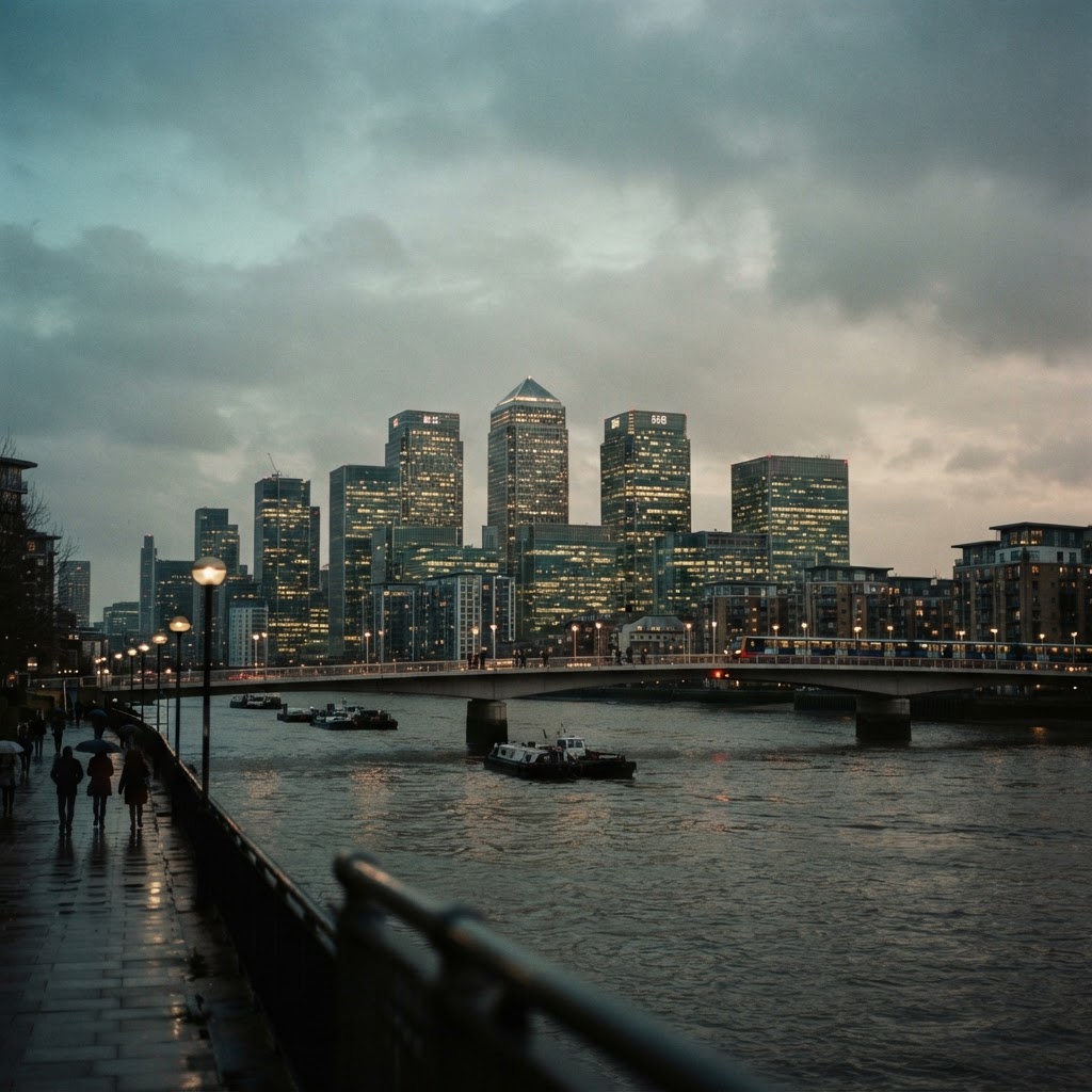 A modern British city skyline at dusk seen from across a river, with glass office towers and a lit bridge