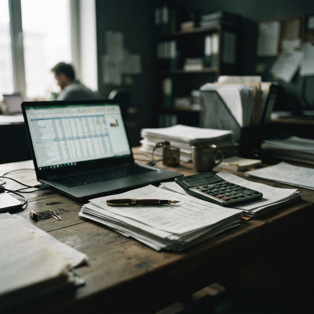 An accountant's desk with a calculator, financial documents and a laptop