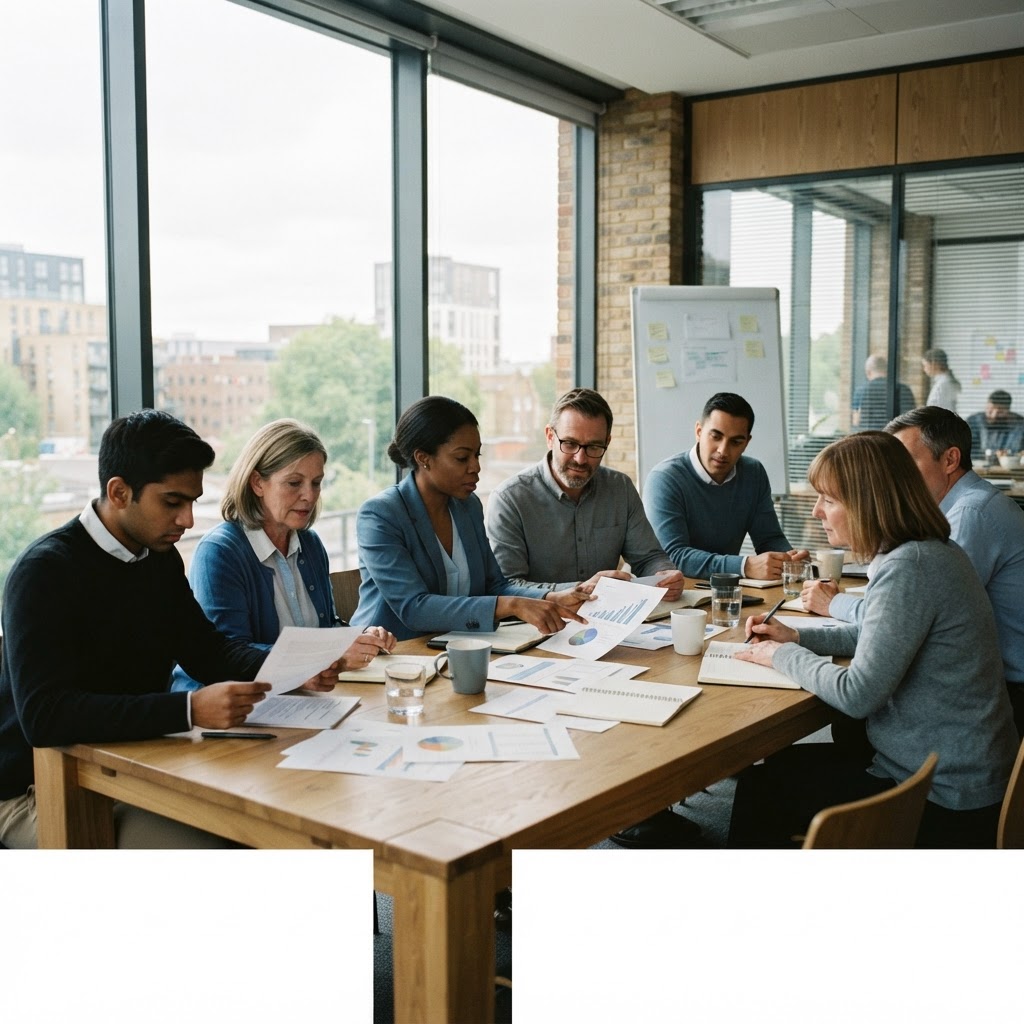 Colleagues in a bright UK meeting room reviewing documents at a table