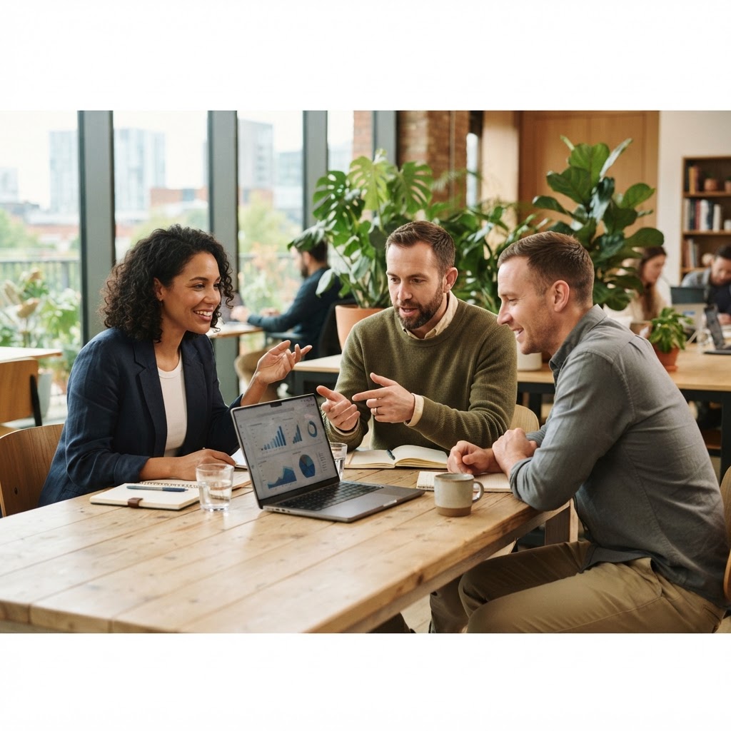 Founders in discussion around a laptop in a bright modern co-working space