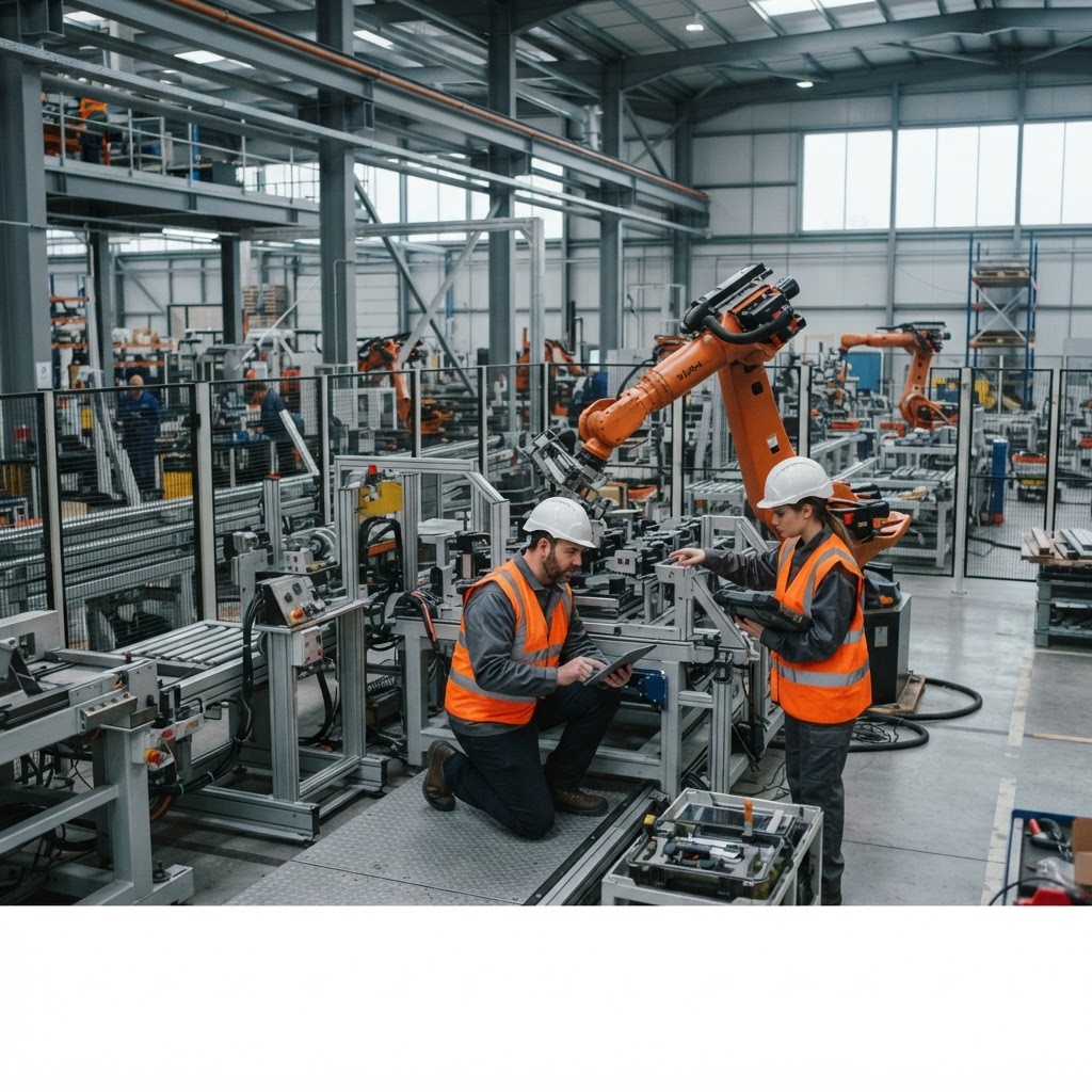 A modern UK advanced manufacturing floor with robotic machinery and engineers in high-visibility vests