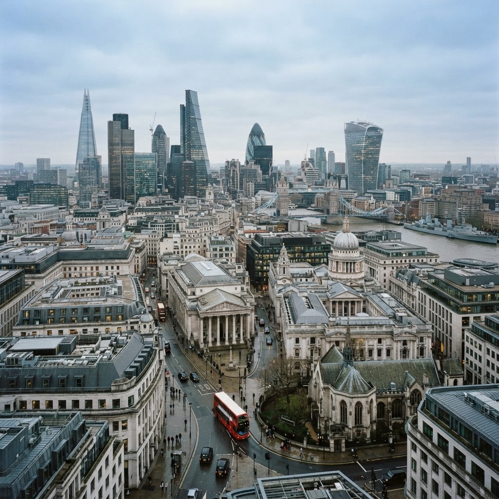 An aerial view of the City of London financial district with glass towers, historic buildings and a red bus