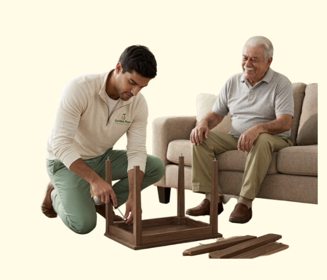 Caregiver assembling furniture with client