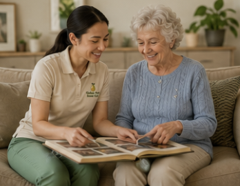 Caregiver looking at photo album with client