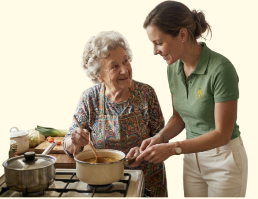 Caregiver cooking with client in the kitchen