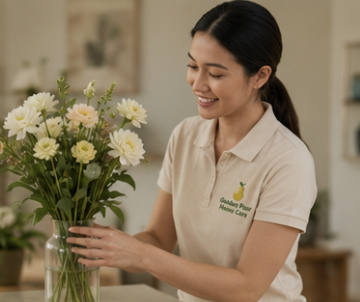 Caregiver arranging flowers