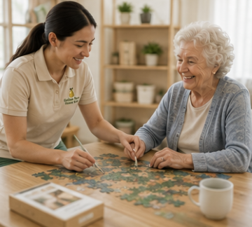 Caregiver and client doing a puzzle