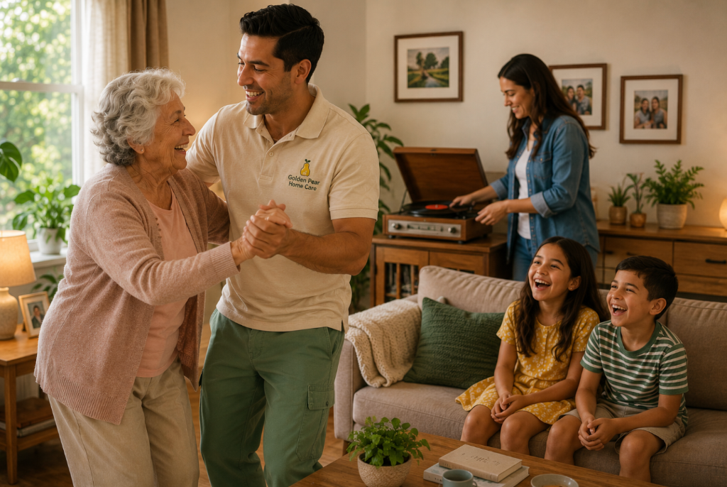 Dancing with elderly client in living room