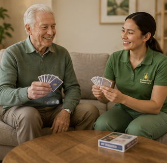 Caregiver and client playing cards