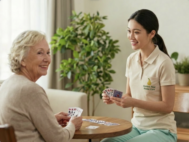 Caregiver playing cards with client